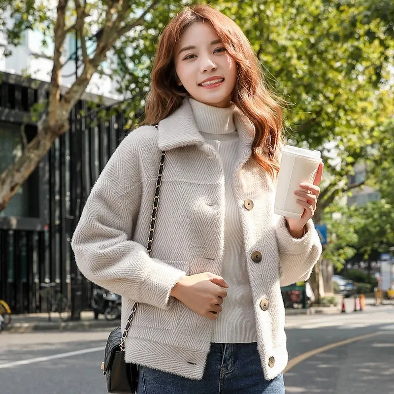 Ladies Long Sleeves Lmitation Mink Fur Outwear Autumn Winter Female Loose Fit Golden Mink Coat Korean Women Solid Color  Jacket