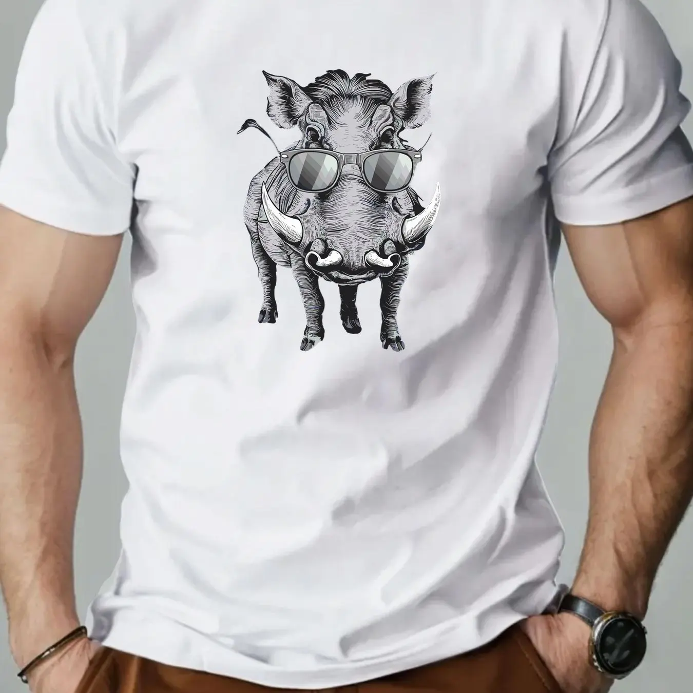 Men Blue Casual Graphic T-Shirt Wild Boar with Fashion Glasses Print Summer Short Sleeve Round Neck Tee Men Clothing