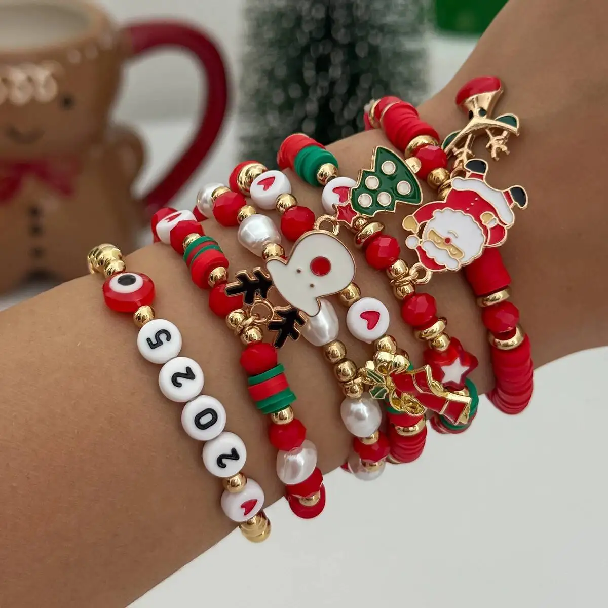 KunJoe 6Pcs/Set Cute Christmas Bracelet for Women Santa Claus Elk Christmas Tree Pendant Bracelet Red Acrylic Bead Chain Bangle