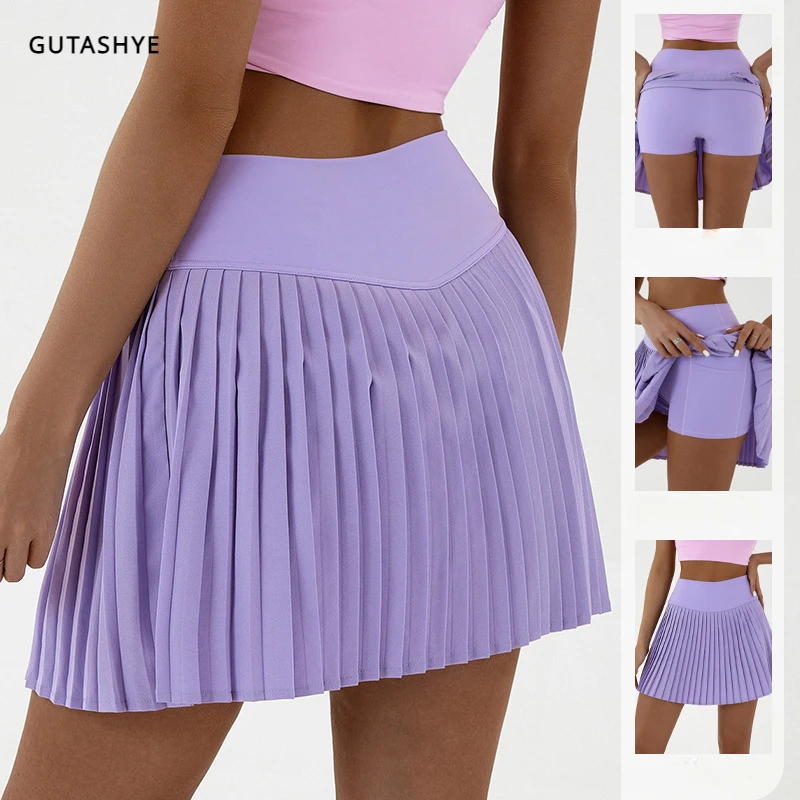 

Summer Women Tennis Pleated Skirt With Inner Lining High Waist Double Layer Design Sport Sexy Fitness Yoga Dancing Shorts