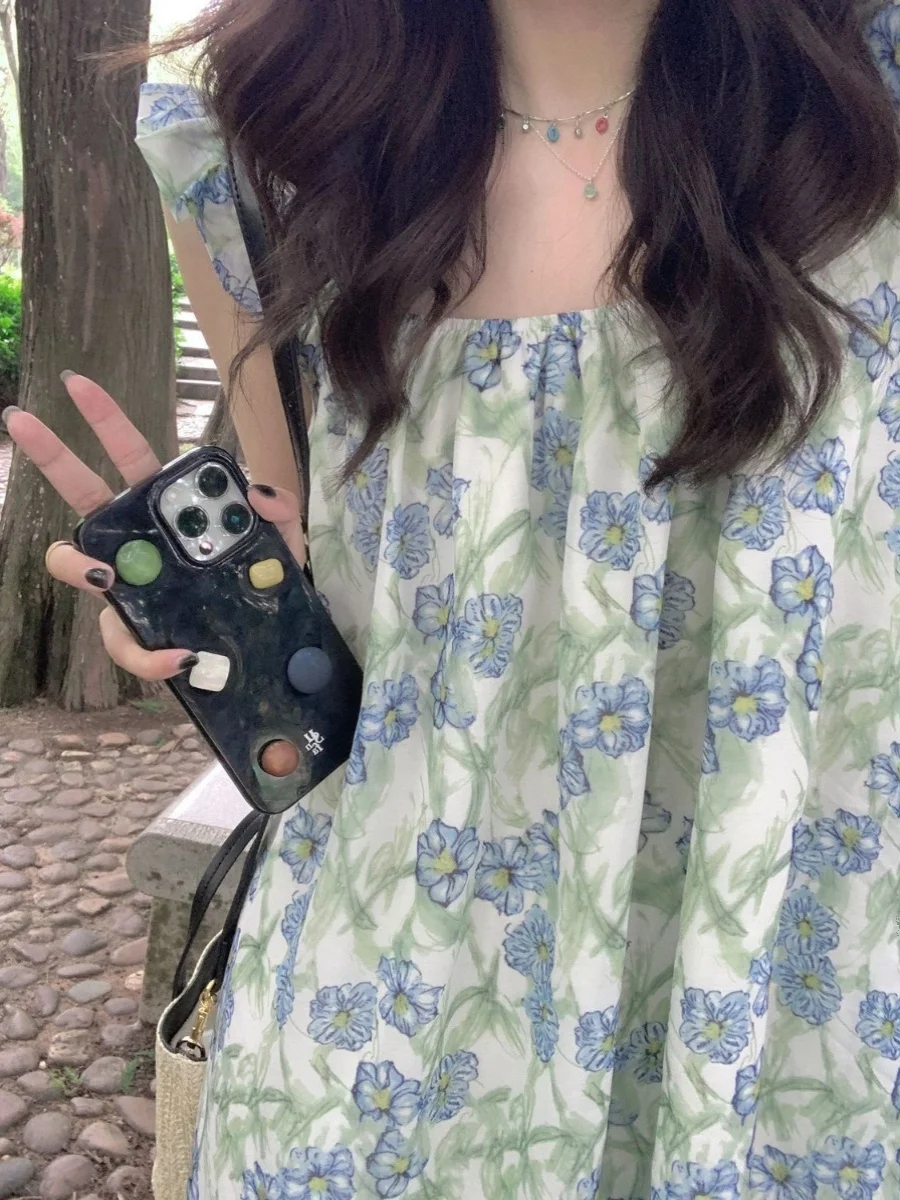 Vestido longo azul com estampa floral, estilo fresco para mulheres, verão 2024, férias na praia, alças, versão coreana, saia ...