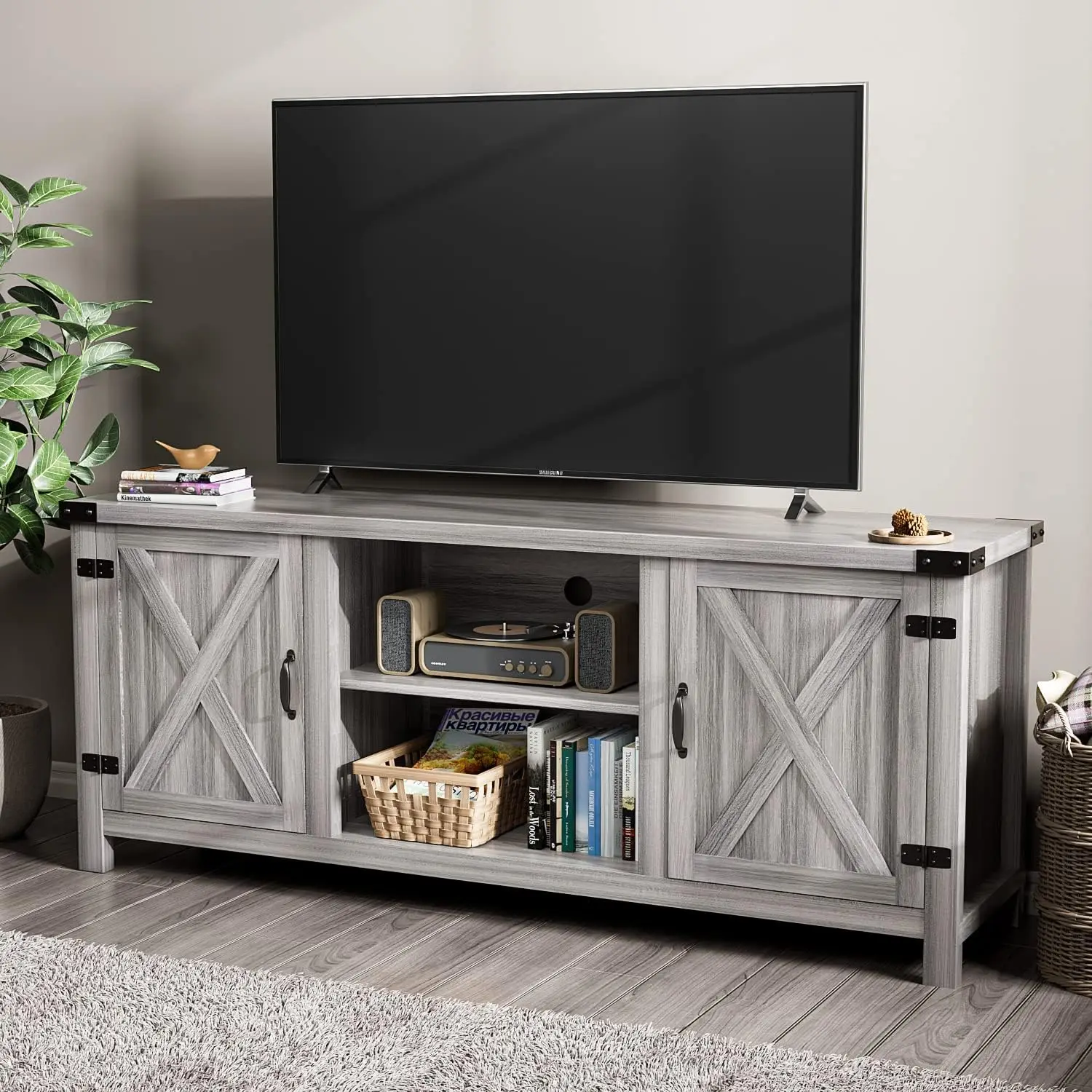 Farmhouse TV Stand com armários de armazenamento, mesa de console, 2 portas de celeiro, moderno, até 65 + Polegada