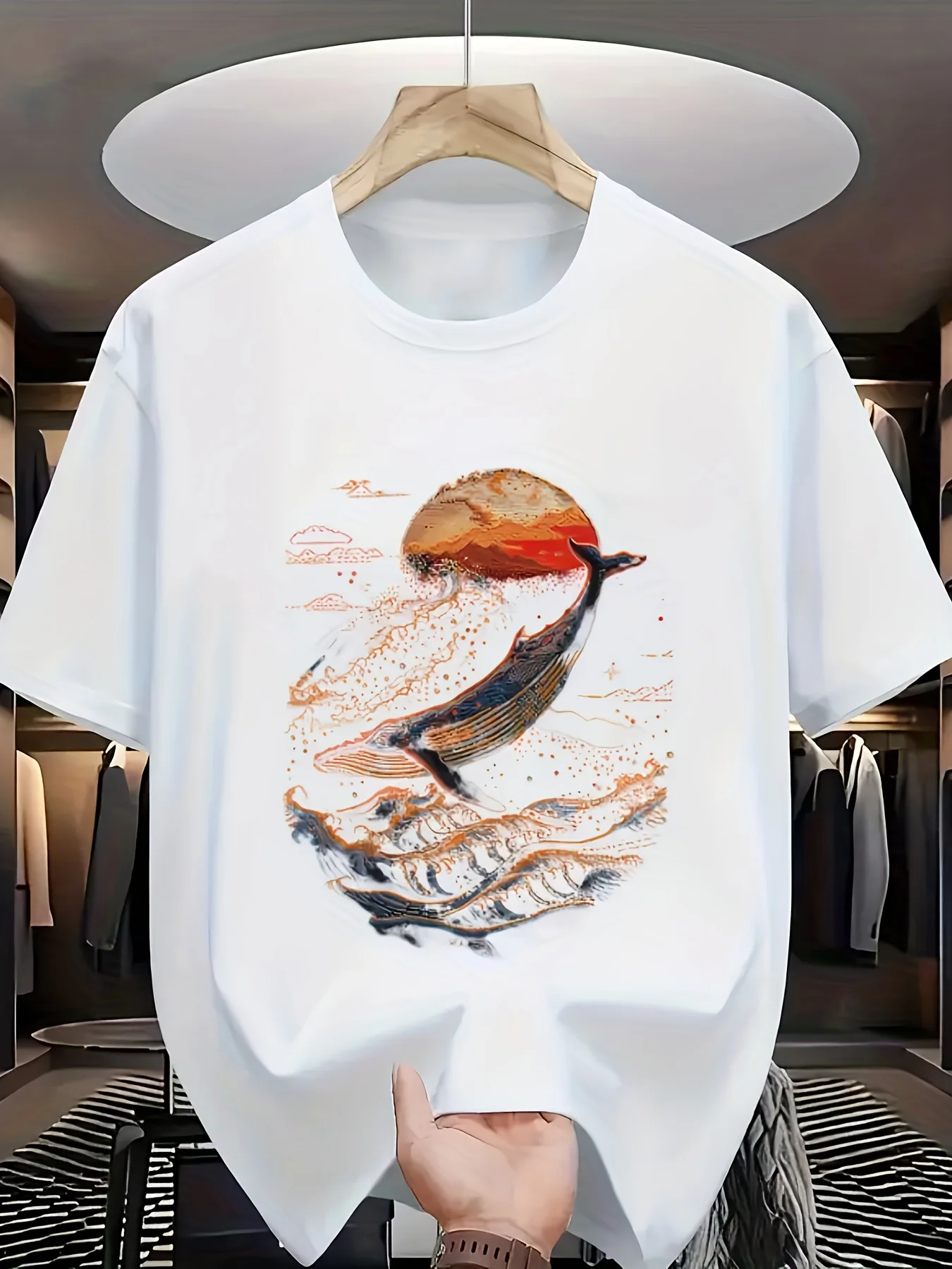 Round Neck Short Sleeve T-Shirt with Whale Print in Waves and Sunset. The Combination of Whale, Waves, and Sunset Creates a Romantic and Artistic Ocean Vibe, Featuring a Simple yet Stylish Design