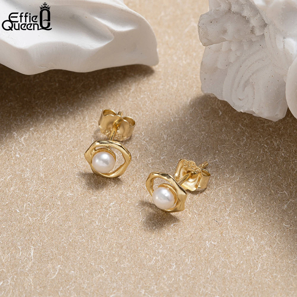 Effie Queen 925 스털링 실버 여성용 진주 귀걸이, 기하학적 디자인, 심플한 바로크 진주 스터드 귀걸이, 파티 쥬얼리, GPE74