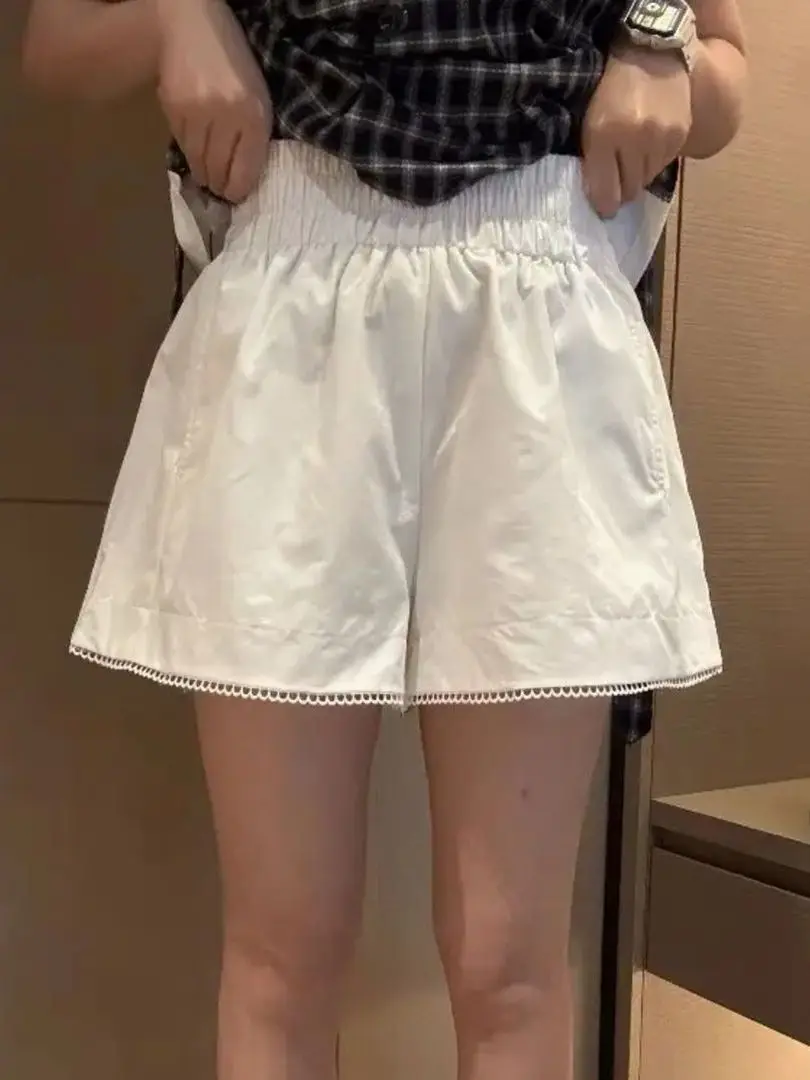 2026 New High Waist Lace Patchwork Casual Loose Summer Shorts Women's Trendy A-Line Hot Pants Commute Style  Color Strai...