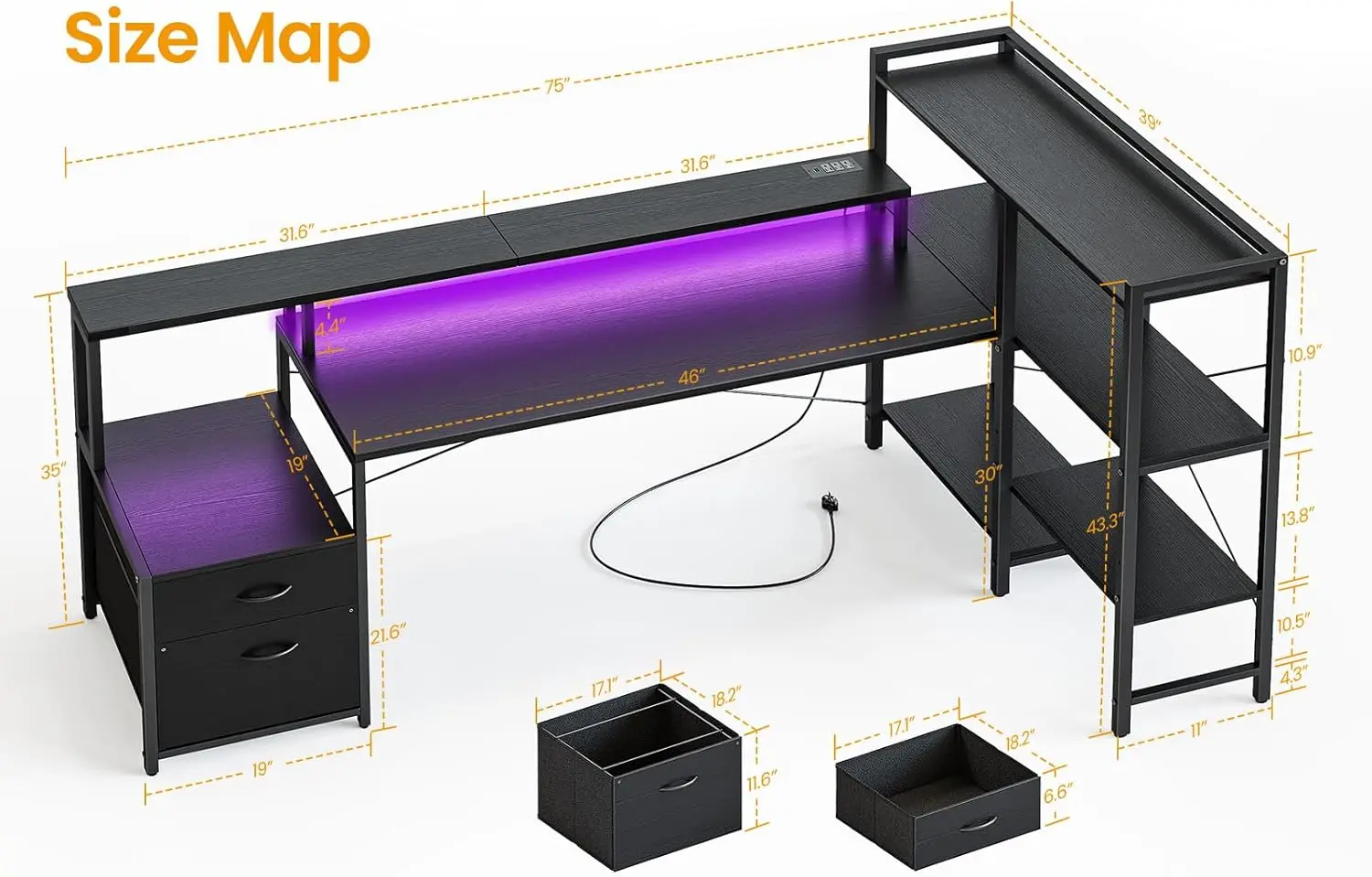 75 inch Computer Desk with Drawers, Reversible Home Office Gaming Corner Desk with LED Lights and Power Outlet File Cab