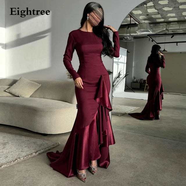 Eightree vestidos de manga larga con volantes asimetricos para fiesta de graduacion vestido de sirena arabe vestido Formal de Dubai Sexy Burdeos Eveing AliExpress