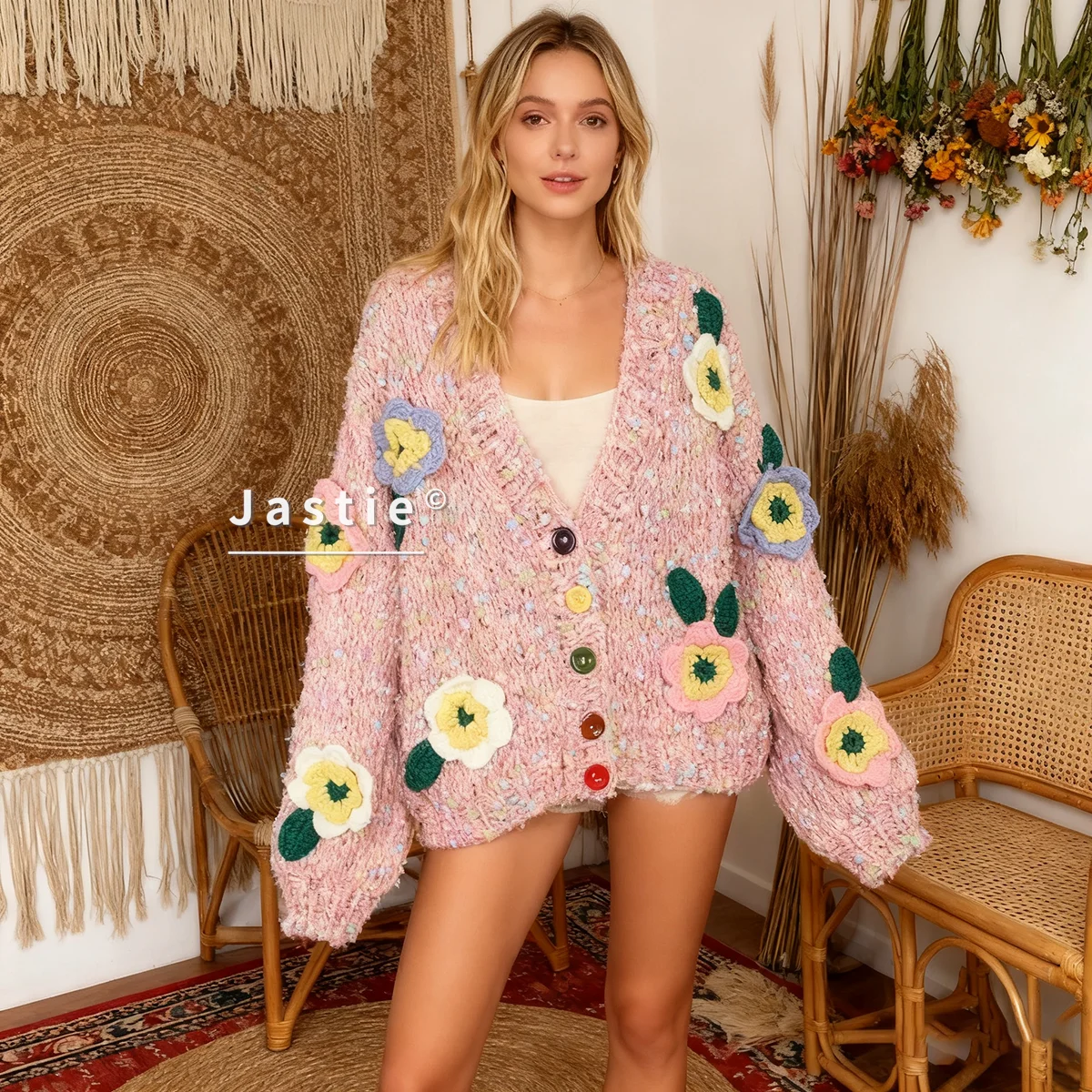 

Pink Handmade Crochet Knitted Cardiganr Women Winter Long Sleeve V-neck 3d Floral Bohemian Sweet Knit Cardigan Sweater