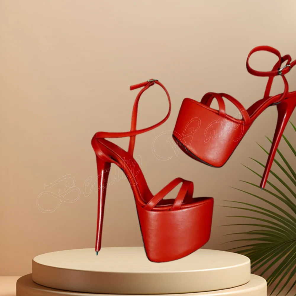 

Red Matte Leather Platform Sandals Solid Ankle Strap Round Toe Spike High Heel Shoes for Women High Heel 2024 Zapatillas Mujer