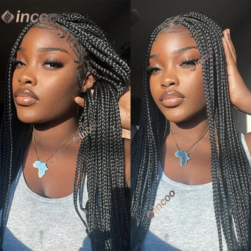 Full Lace Front Cornrow trançado perucas para mulheres negras, caixa sem nós, caixa sintética pequena caixa, peruca quadrada trançada, 36"