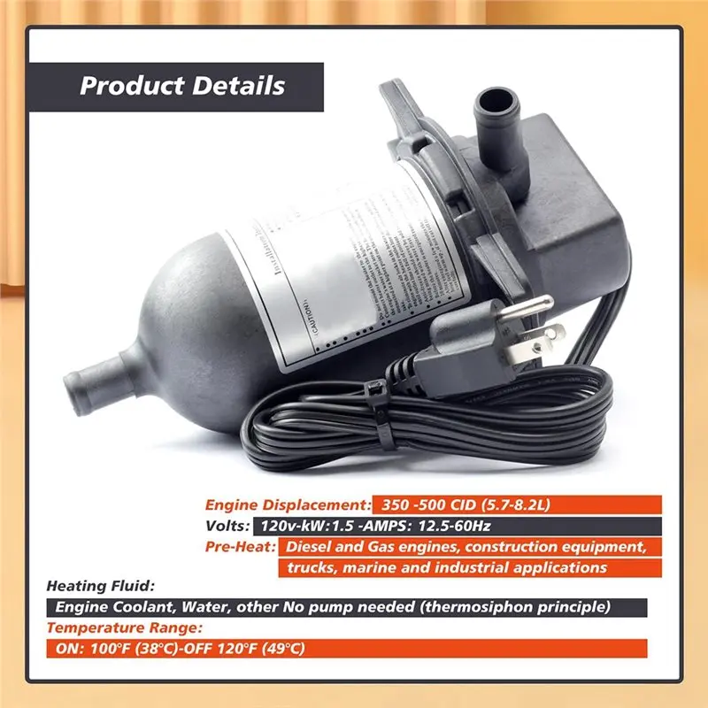A02Q-TPS151GT10-000 TPS151GT8-000 Engine Block Heater 120V 1500W Coolant Preheater W/Plug For Generator Tractor Truck Boat