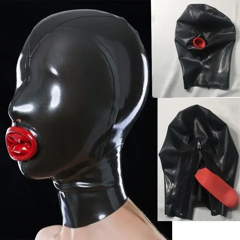 

fetishism Latex Hood with Inner Red Mouth Condom Rubber Gummi Catsuit Back Zipper Mask