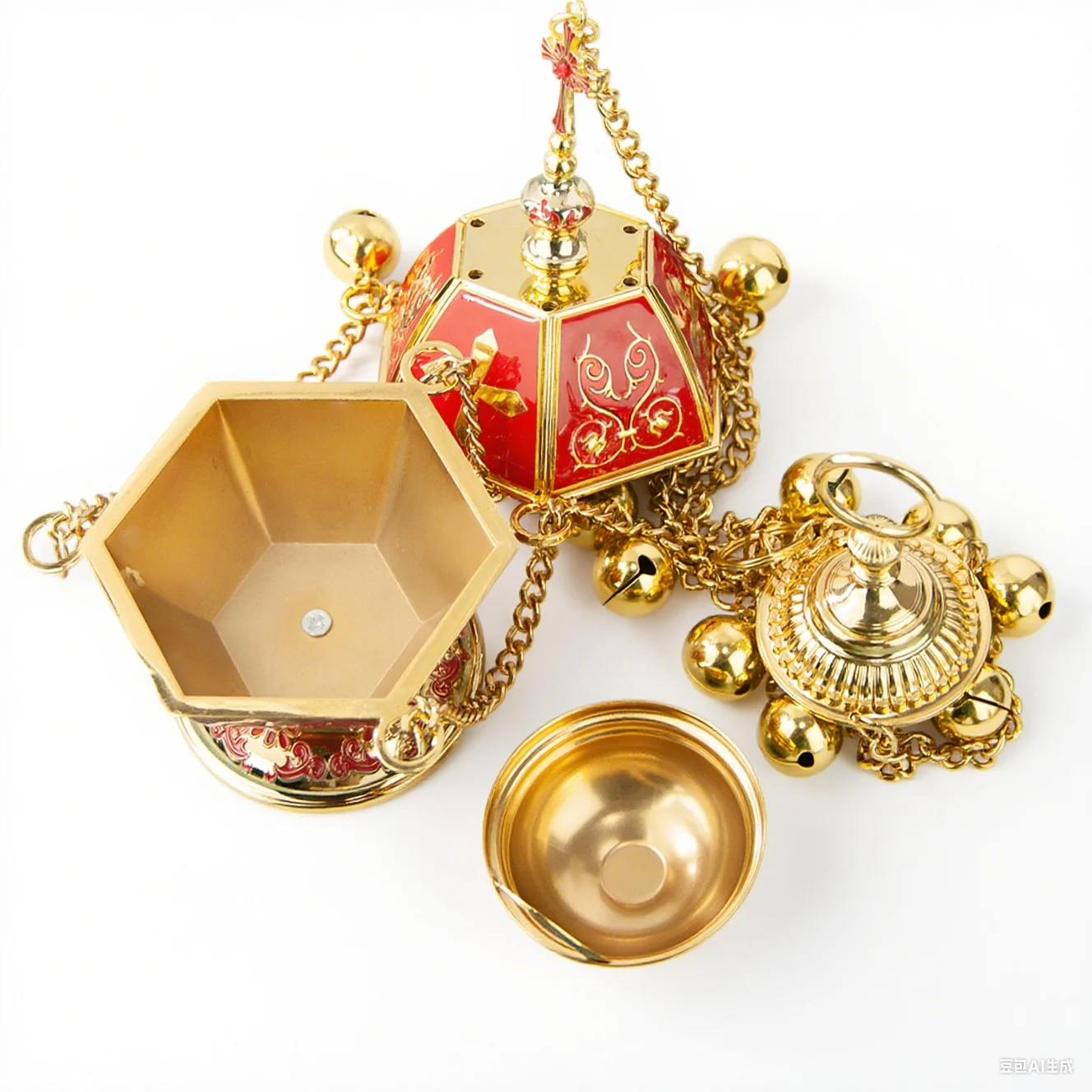 HTISOK Orthodoxes Kirchen-Weihrauchfass, hängendes Thurible, Kreuzdekoration mit Metallkette und Glocken, religiöse Utensilien, orthodoxes Weihrauchfass – Detail 2