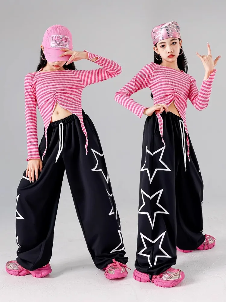 สาวสมัยใหม่ Street สวมเสื้อผ้าเต้นรําแจ๊สสีชมพู Crop Tops กางเกงขายาวสีดํา Hip Hop ฝึกเสื้อผ้าเครื่องแต่งกาย L14507