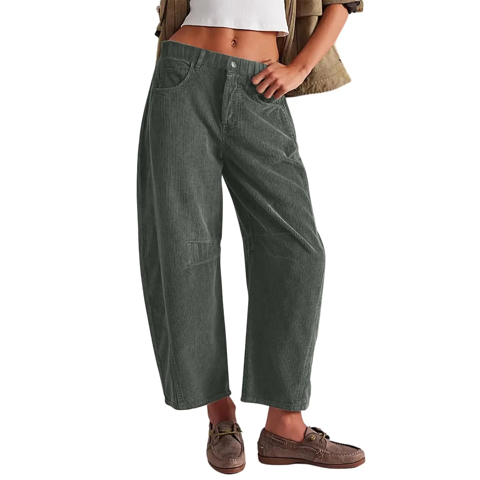 Women's Retro Corduroy Pants Barrel Mid Elastic Waist Pants Casual Wide Leg Baggy Trouser with Pockets All Match Black Pant