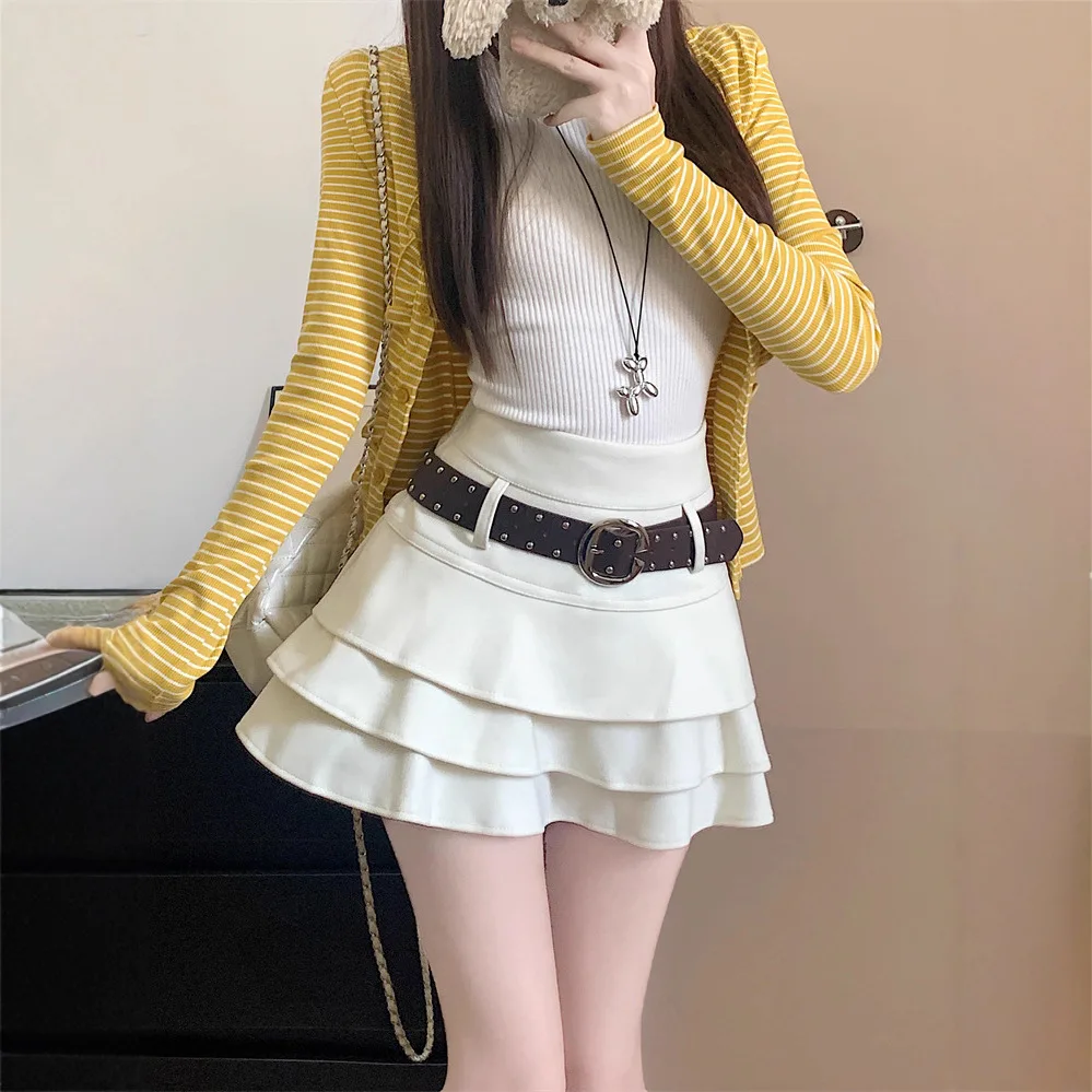 Falda de pastel de lana dulce para mujer, Falda corta plisada de cintura alta con volantes antideslumbrantes, corte en A, otoño e invierno