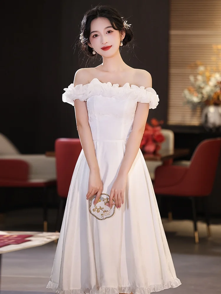 

White Dr One oulder Sle Wedding Registration Ceremony Dr for Women Ele Luxury Feelings Princ Sle Embr...