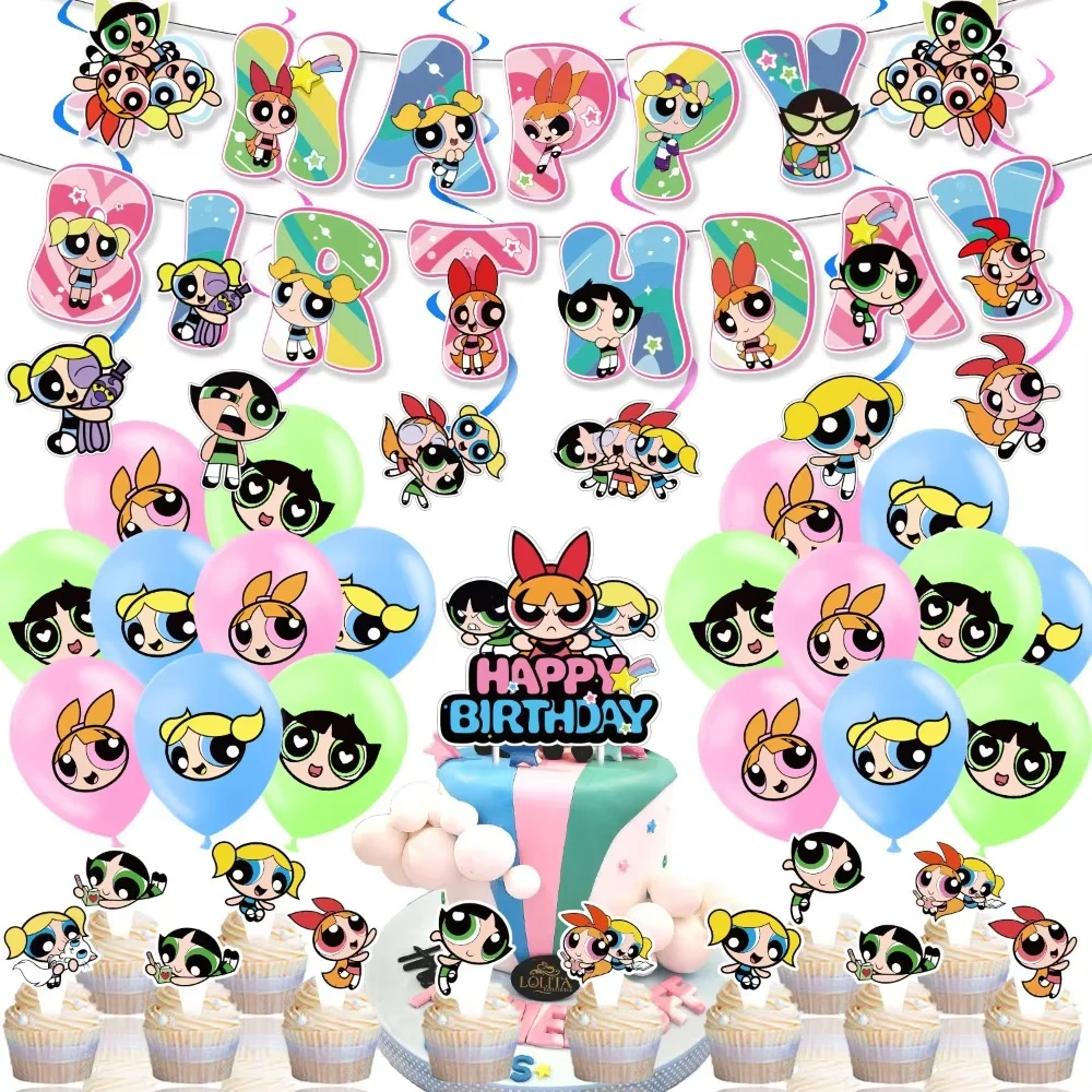 The Powerpuff Girls Theme Party Decoration  Birthday Letter banner Cake Flags And Cards Children's Balloon Arrangement Suit