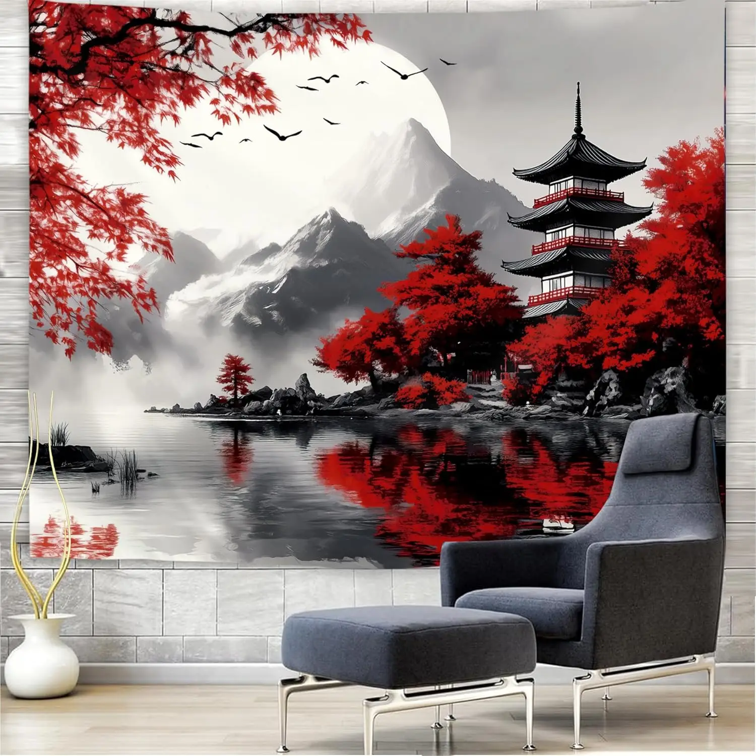Japanese Red Maple Tapestry, Black and White Fuji with Red Trees and Pagoda by Lake Print Wall Hanging for Bedroom Living Room