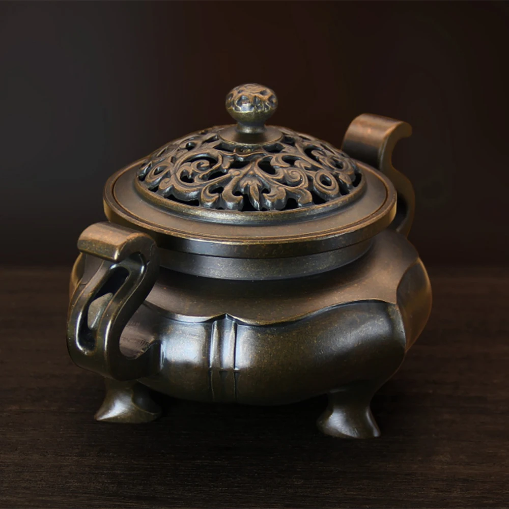 Copper Begonia incense burner, Brass with cover, Tea ceremony aroma ornament, Creative home office decorations
