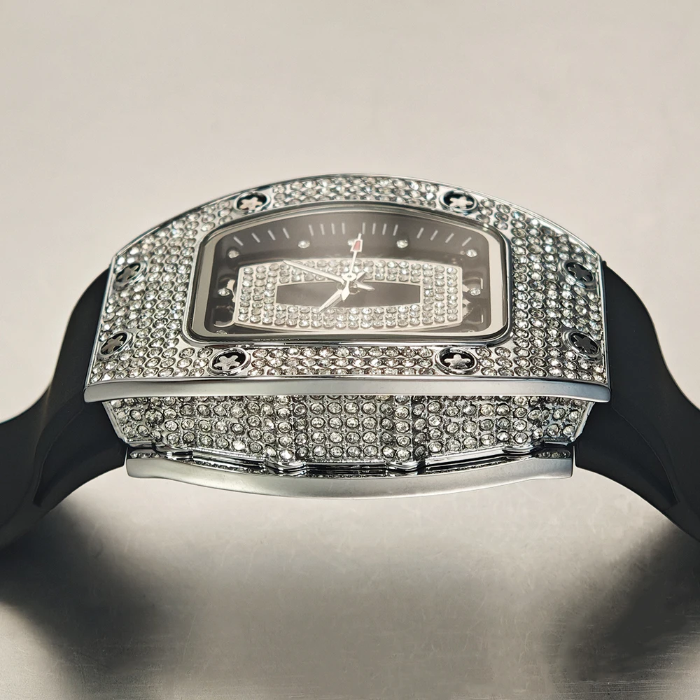 2024 Hot Fashion Diamond Watch For Women Elegant Iced Jewelry Watches Girl Sport Rubber Strap Tonneau Wristwatch Ladies Gift