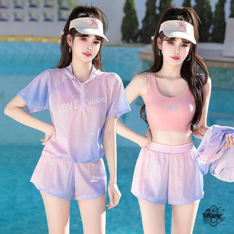 

Large Size Girls' Two-Piece Swimsuit Thermal Spring Three-Piece Set Conservative Design Beach Playwear Nylon Material round Neck