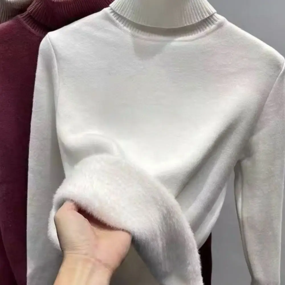 Womens Thickened Knit Sweater Autumn Winter Turtleneck Slim Fit Thermal Soft Brushed Elastic Long Sleeve Base Top