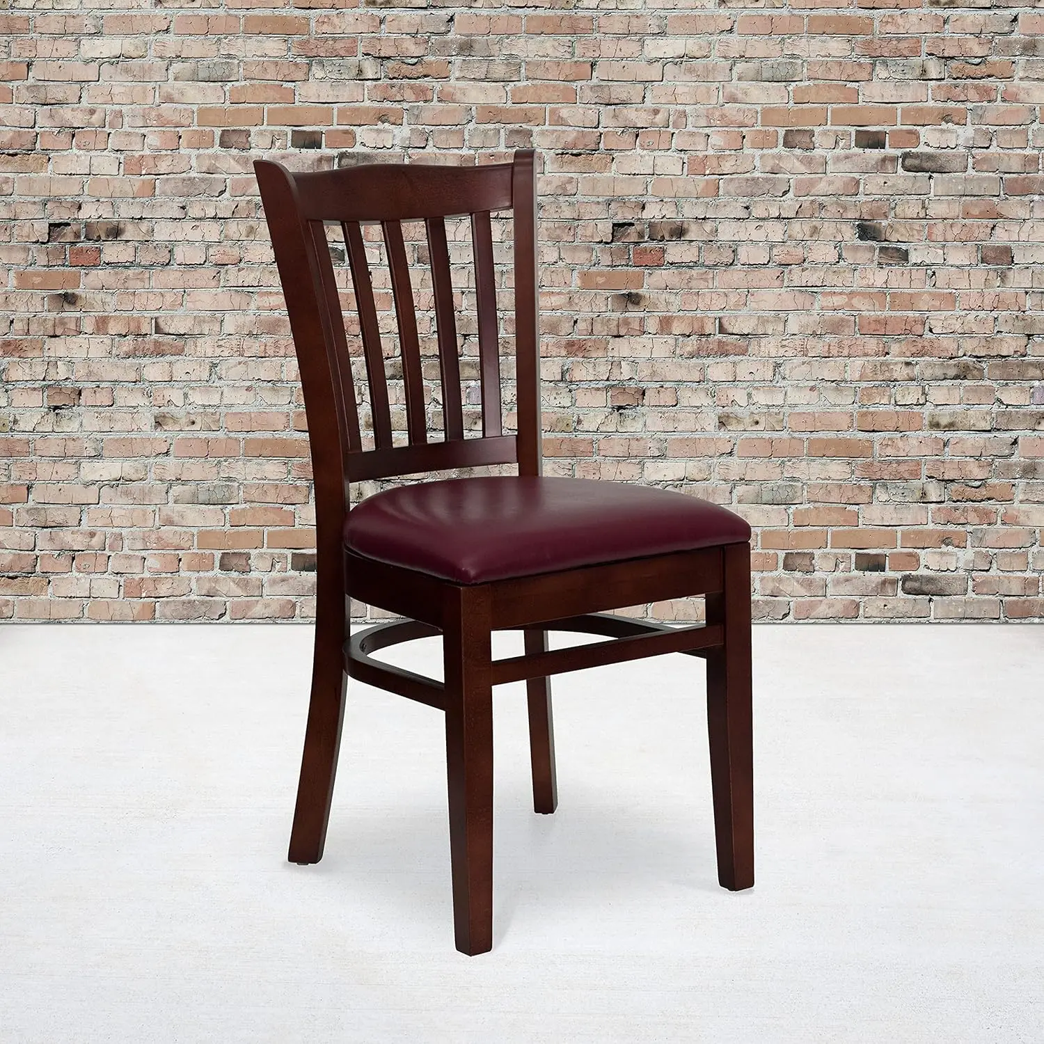 Vertical Slat Back Mahogany Wood Chair, Burgundy Vinyl Seat