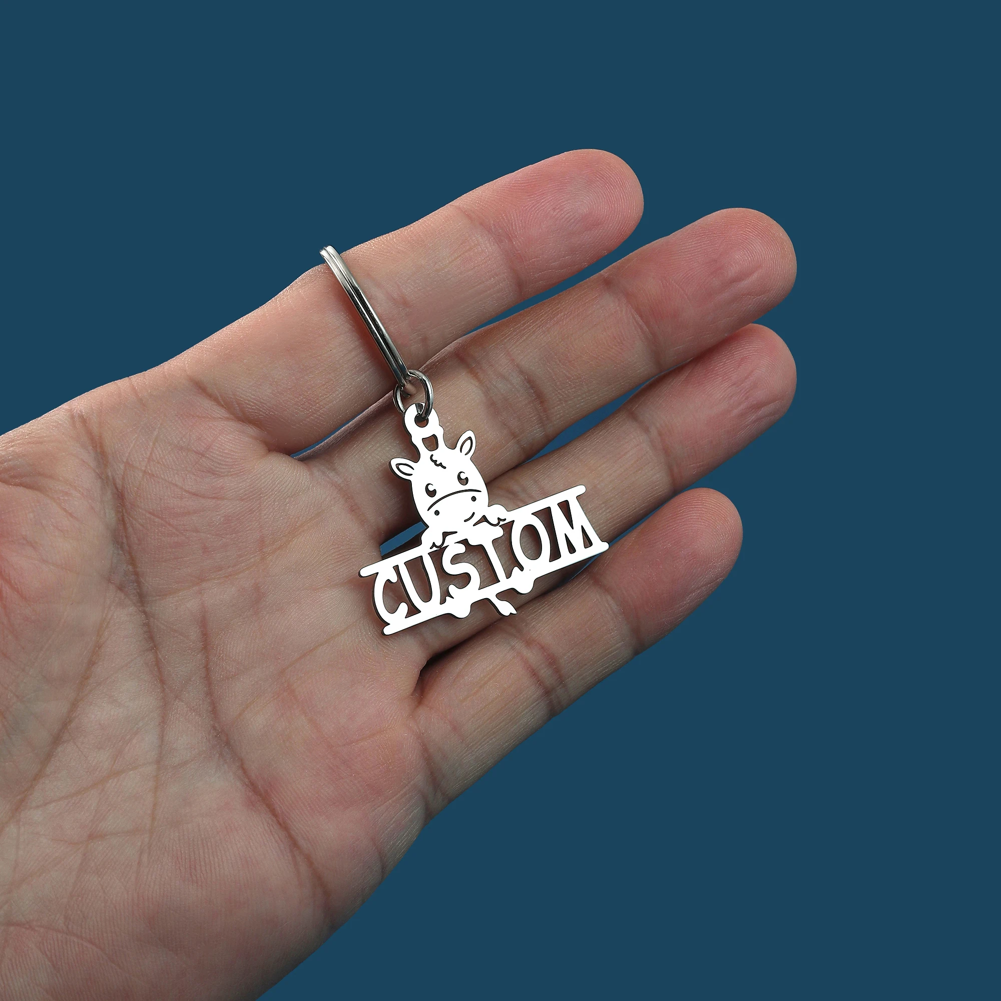 Gantungan Kunci Nama Hewan Personalisasi Baja Tahan Karat Hadiah Perhiasan Perak Cincin Kunci Liontin Sapi Kustom Pria Wanita