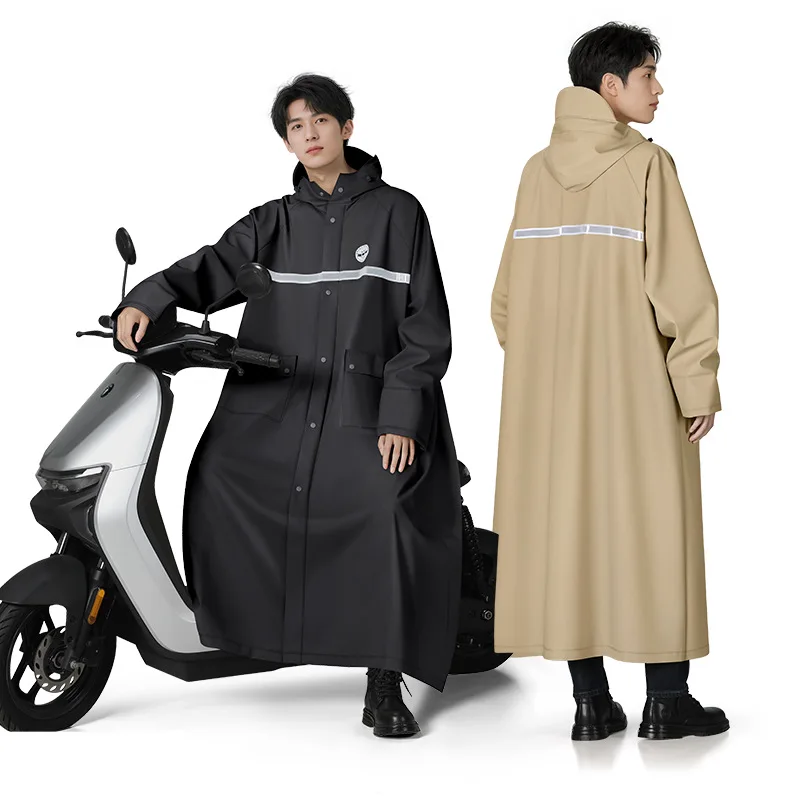 Long Raincoat Thickened PVC Waterproof Reflective Strip Motorcycle Rain Coat Outdoor Travel Hiking Rain Poncho Hooded Rainwear