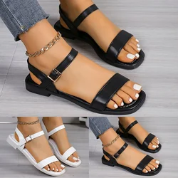 2024 Flats Roman Sandals For Ladies Leather Flat Buckle Thin Strap Solid Color Beach Open Toe Thick Soled Women Footwear