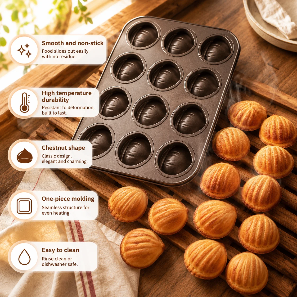 6/9/12Cavity Non-Stick Carbon Steel Baking Pan Chestnut Shell Cake Madeleine Molds Oven Baking Tool for Butter Rice Cakes Cookie