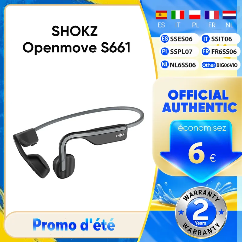 Écouteurs sportifs originaux Shokz Openmove S661, écouteurs à conduction osseuse, écouteurs ouverts sans fil Bluetooth 5.1, étanches IP55, 6h d'utilisation