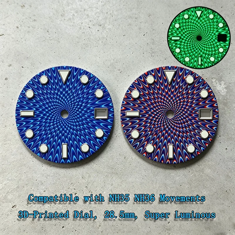 28.5mm Vortex Optical Illusion Watch Dial, Super Green Luminous Compatible with NH35 NH36 Movements, Watch Mod Replacement Parts
