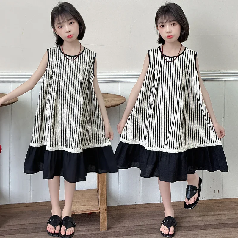 Children Sleeveless Sling Dress Cotton Girls Striped Vest Dress Baby Princess Dress Kids Clothes 2025 Summer New