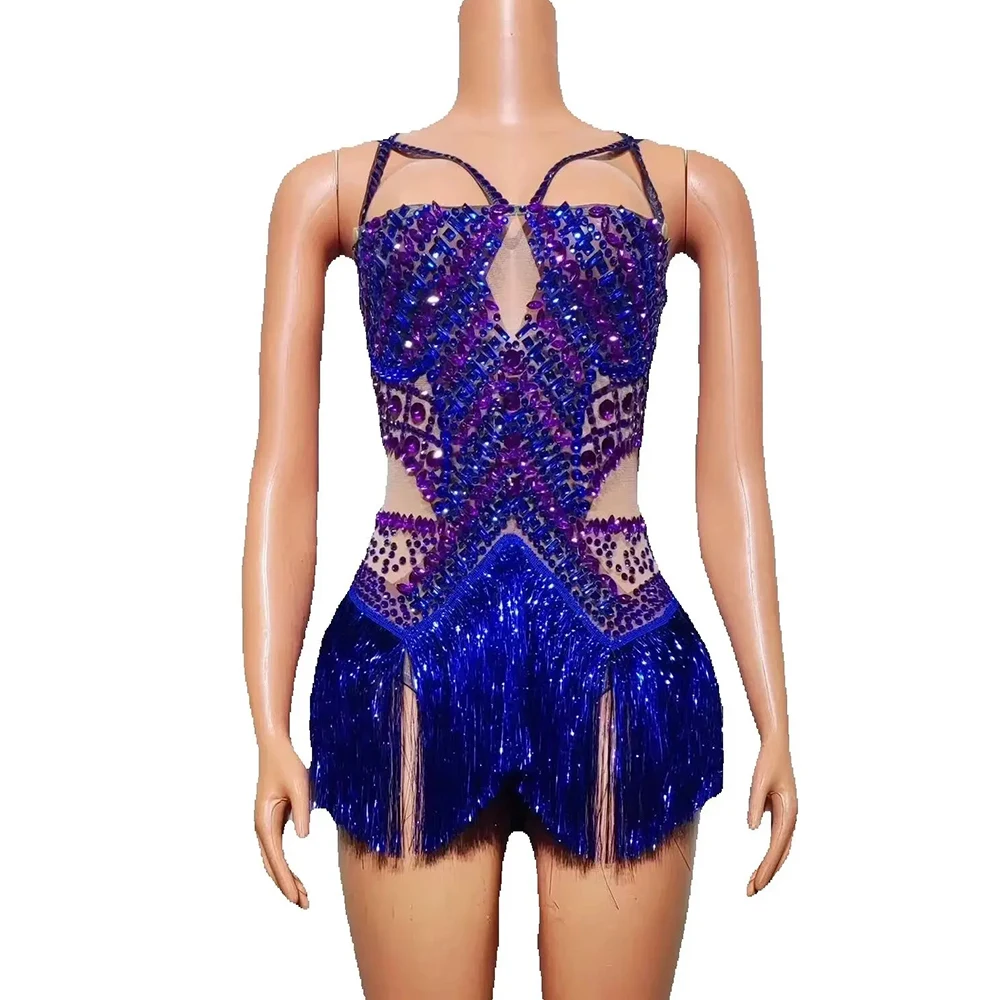 

Sparkly Blue Rhinestones Tassels Bodysuit Women Sexy Performance Dance Costume Nightclub Singer Dancer Stage Photoshoot Wear