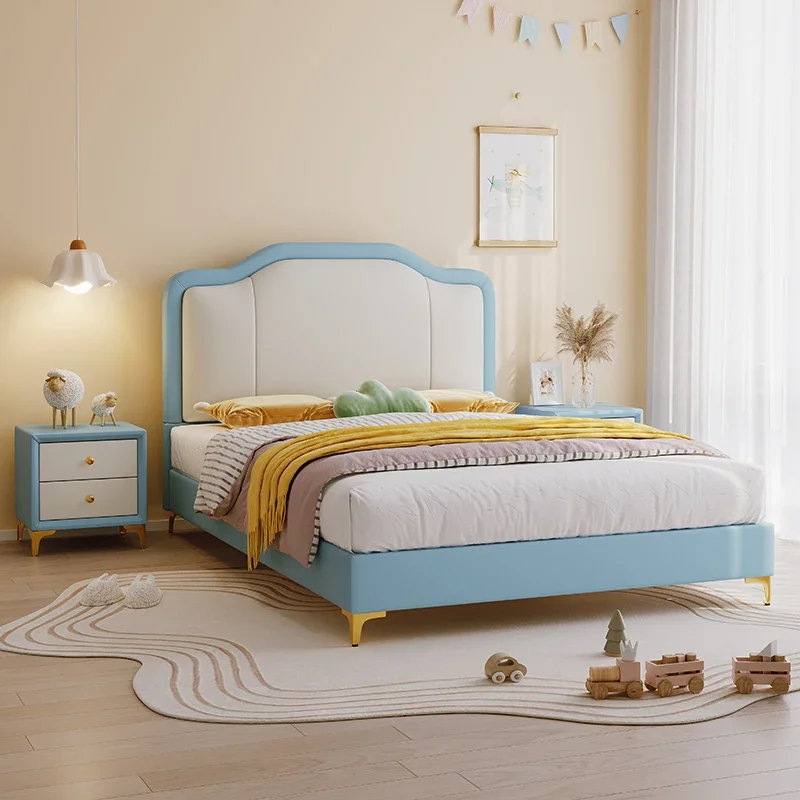 

Comfortable Children Bedroom Funiture Solid Wood Child Bed Soft Leather Loft Bed Luxury Kids Bed