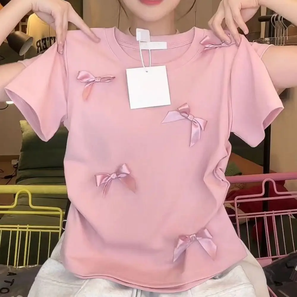 Fashion Ballet Bowknot T Shirts Japanese Style Short Sleeve Women Top Round Collar Solid Color Ribbon Crop Tank Top Women Girl