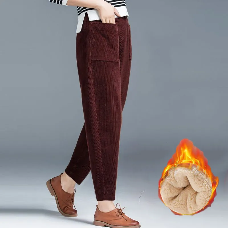 

Winter Thick Harem Pants Women 2023 Pockets Elastic Waist Wide Leg Pants Woman Keep Warm Corduroy Sweatpants Ladies F182