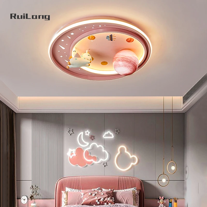 Cartoon Unicorn Led Ceiling Lights For Kids Bedroom Study Cute Pink Pegasus Planet Princess Girls Room Lamp Ceiling Chandelier