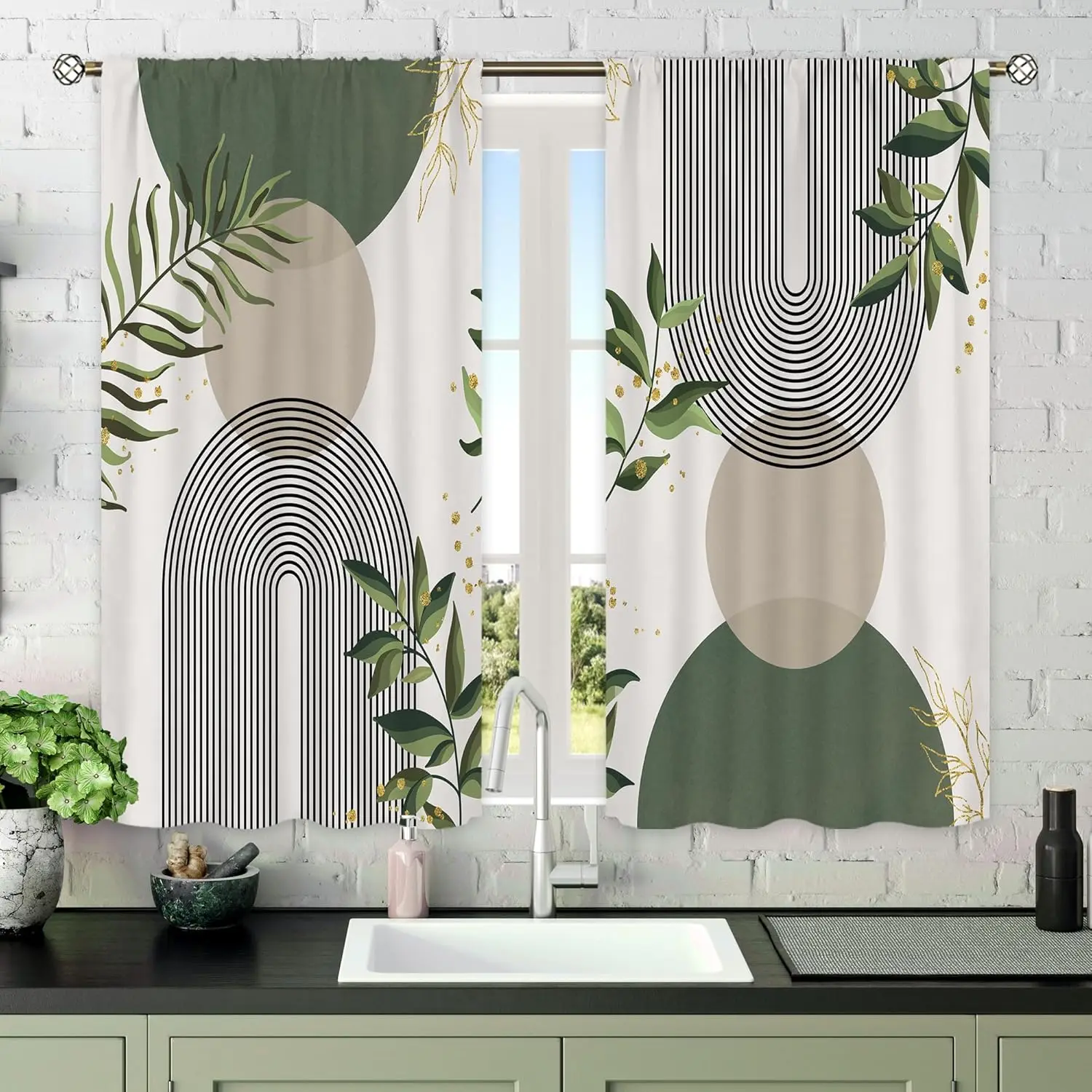 Mid Century Sage Green Boho Curtains, Gold Leaf Geometric Arch Print Rod Pocket 2 Panels Drapes for Kitchen Bedroom Living Room