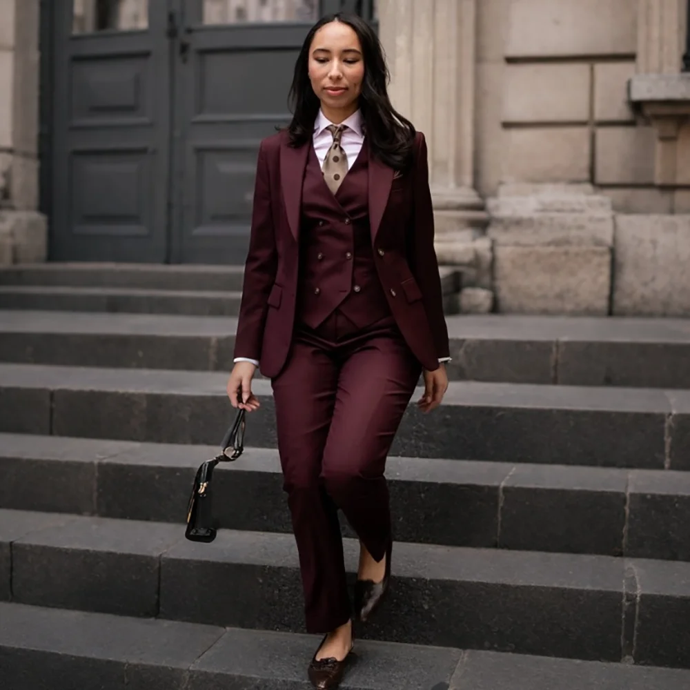 Powerful Women Burgundy 3 Piece Suit Single Breasted Minimalist Blazer Slim Fit Jacket+Vest+Pants Set Office Formal Outerwears