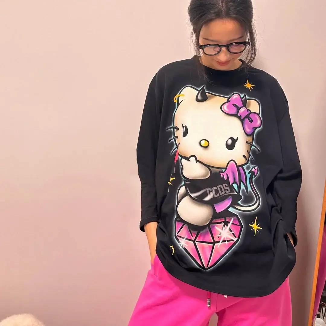 

Miniso Hello Kitty T-shirt Cute Printed Couple Autumn Winter Sweet Round Neck Pullover New Loose Casual Cotton Sportswear Top