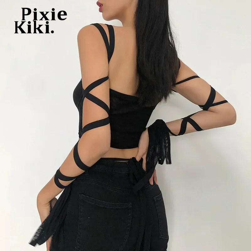 PixieKiki Black Mesh Lace Up Bandage Crop Top Fairy Grunge Aesthetic Clothes Cyber Y2k Mall Goth Tanks Sexy Clothing P94-BZ14