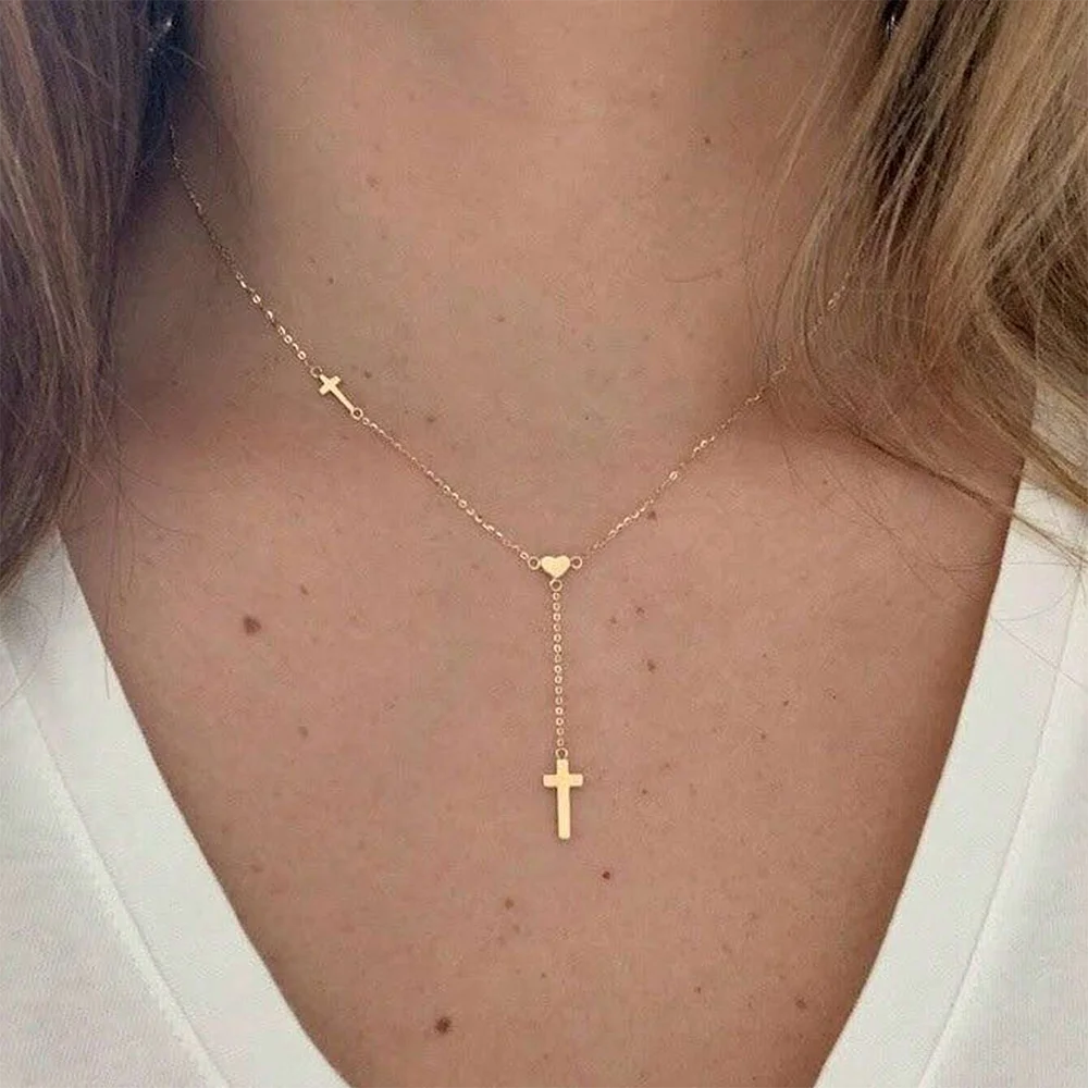 DGIDDK Einfache Mini Herz Kreuz Anhänger Edelstahl Kette Y Form frauen Halskette Party Mode Schmuck Zubehör