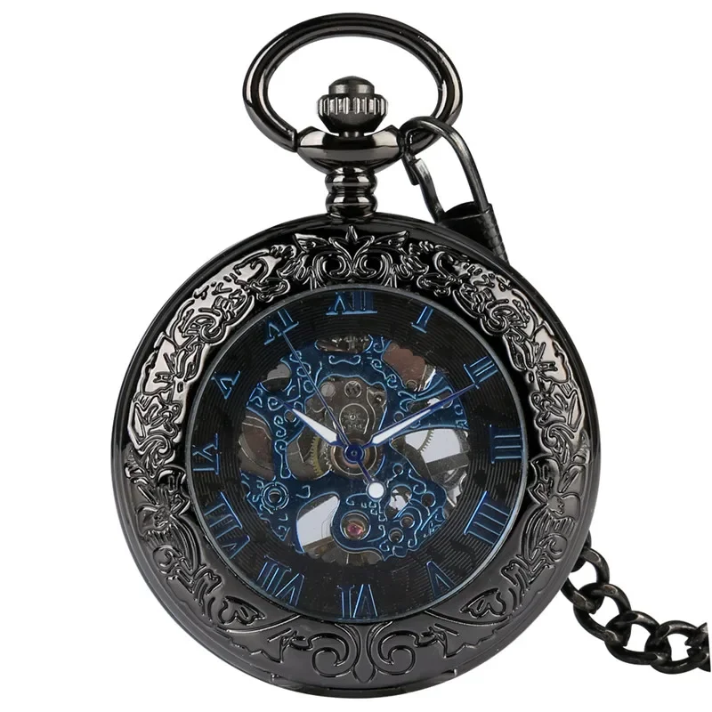 Antique Half Hunter Transparent Case Men Women Mechanical Hand Wind Pocket Watch Fob Pendant Chain Luminous Hands Timepiece