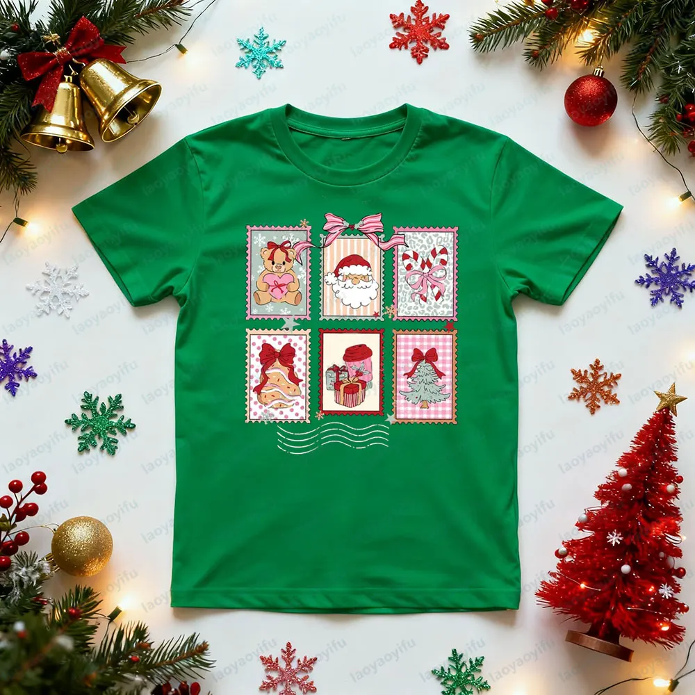 Christmas Creative Design Shirt Holiday Postage Stamps Printed Womens Tees Christmas Season T-Shirt Cute Santa Tee Cotton Tops