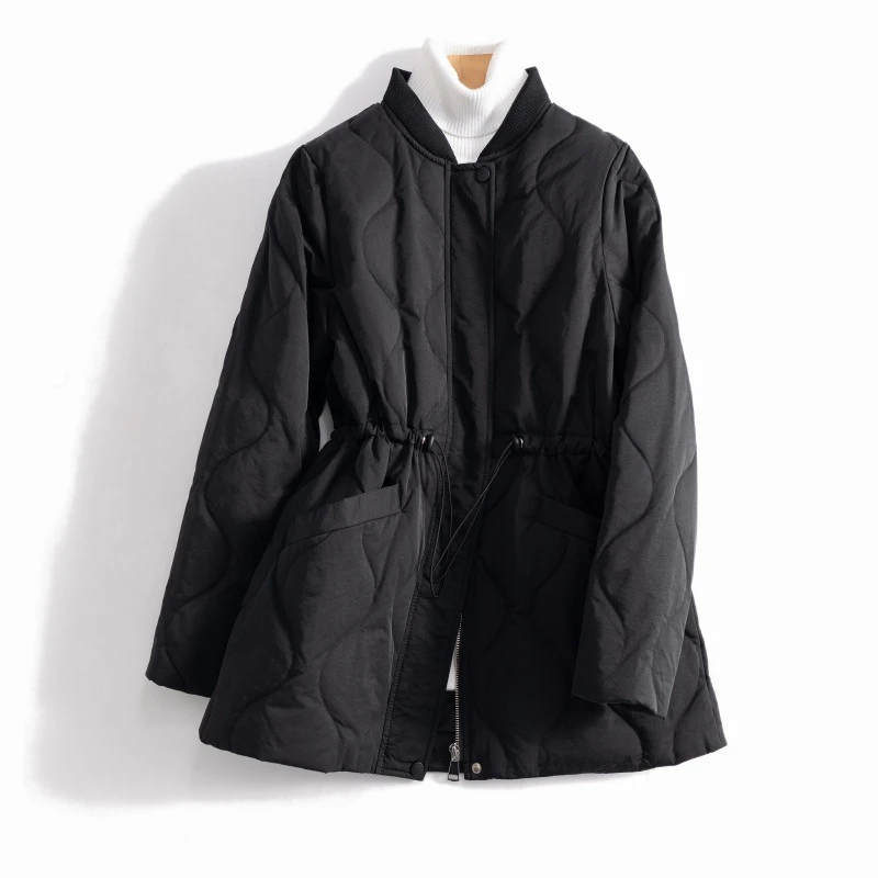 Chaqueta acolchada de algodón para mujer, parka ligera de longitud media coreana, informal, con cordón en la cintura, elegante y cálida, para