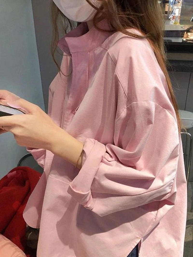 

Unique Design Pink irt Women's Inner Wear Faionable Korean Sle ort Sve Long irt Button Detail Bubble Sve Top