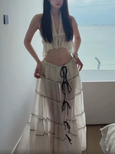 

Пляжная юбка большого размера Vaion Sle Design Aosphere Sense See tough Pleated V Ne Hanging Ne Vest Bal Midi Skirt Women